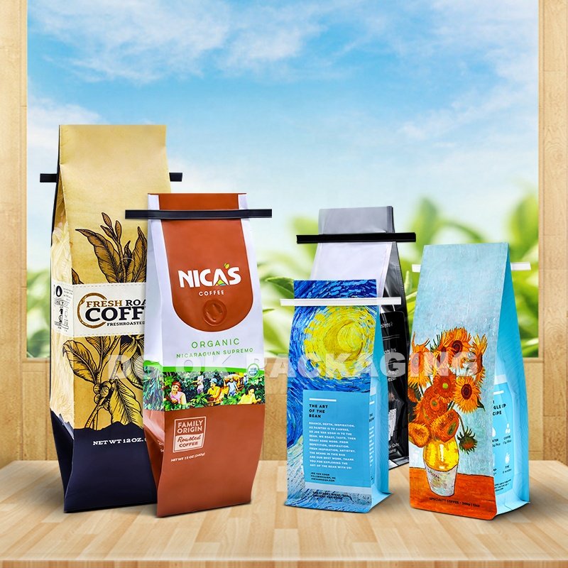Coffee Bags Custom Printed Coffee Bean Packing Package Quad-seal Tin Tie Coffee Bag With Valve/Window