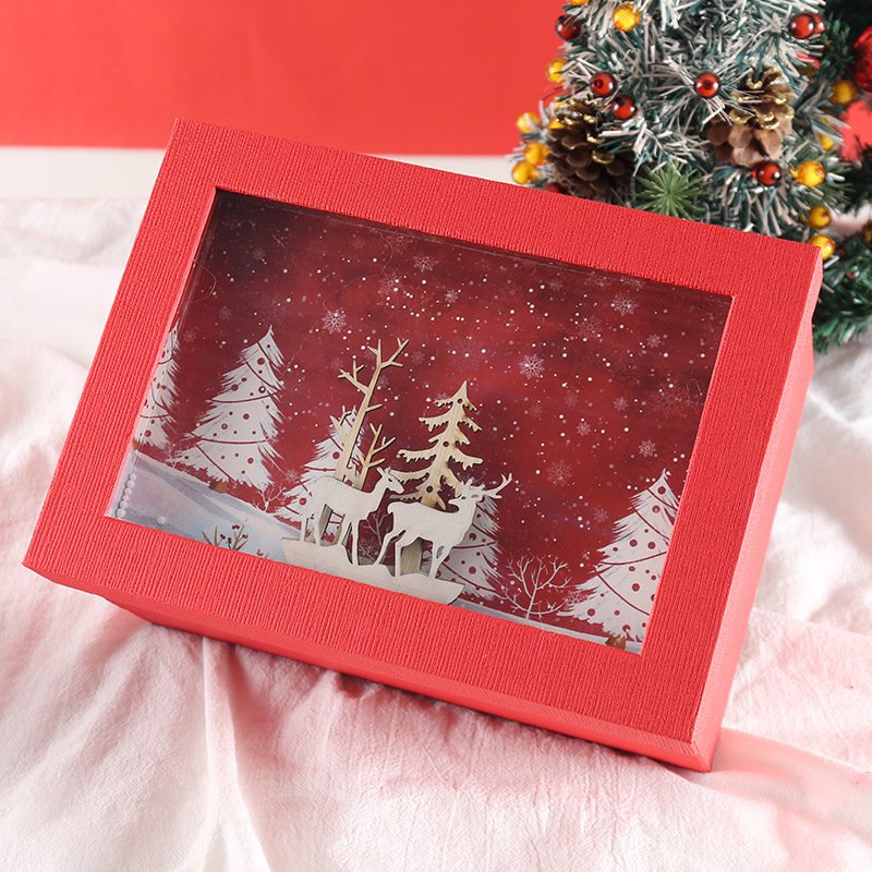 Christmas gift wrapping paper box with 3d wooden carved tree snowflake inside rectangle gift packaging 26*19*12 cm