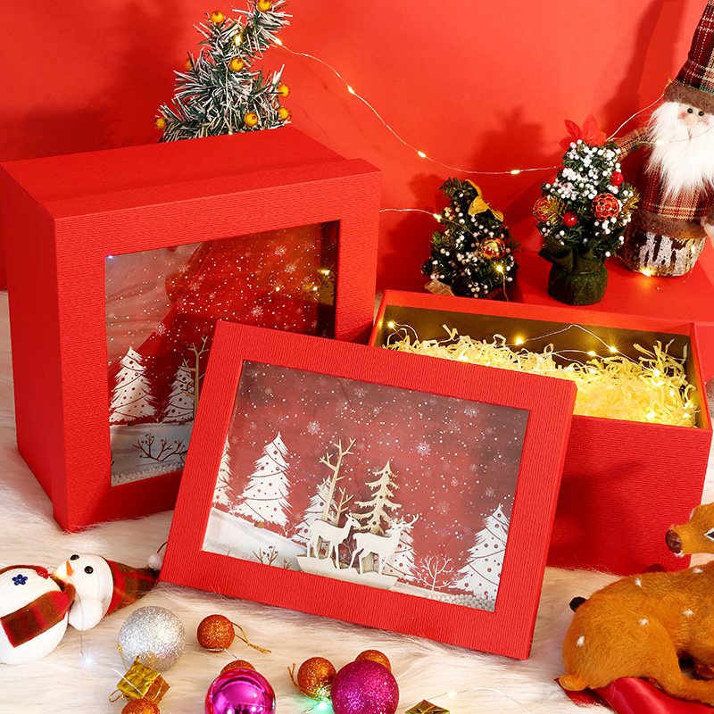 Christmas gift wrapping paper box with 3d wooden carved tree snowflake inside rectangle gift packaging 26*19*12 cm