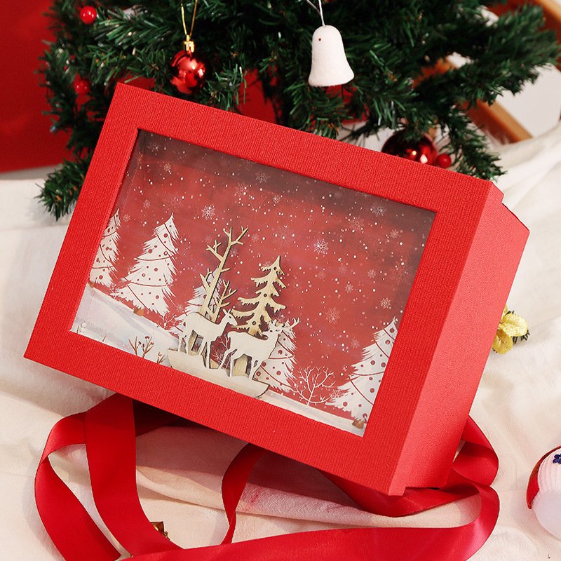 Christmas gift wrapping paper box with 3d wooden carved tree snowflake inside rectangle gift packaging 26*19*12 cm
