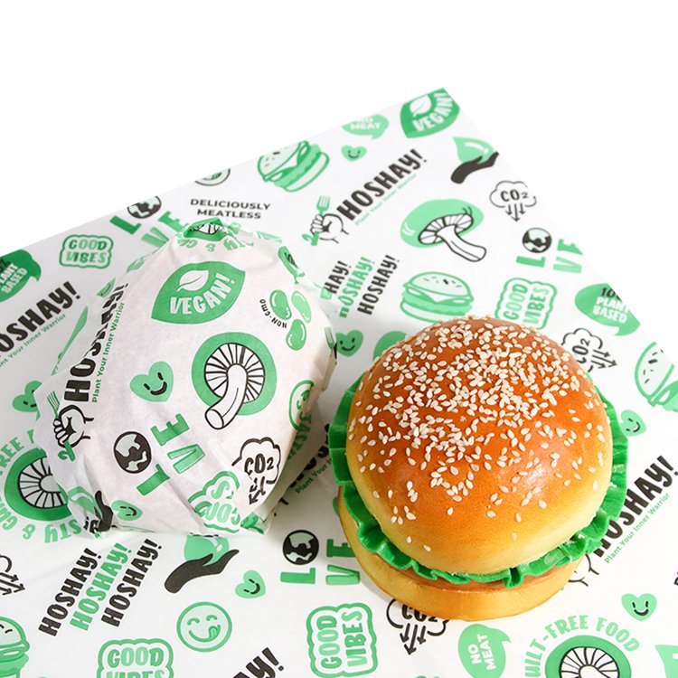 Custom food wrapping paper food board paper transparent UV coating burger packaging food hamburger paper