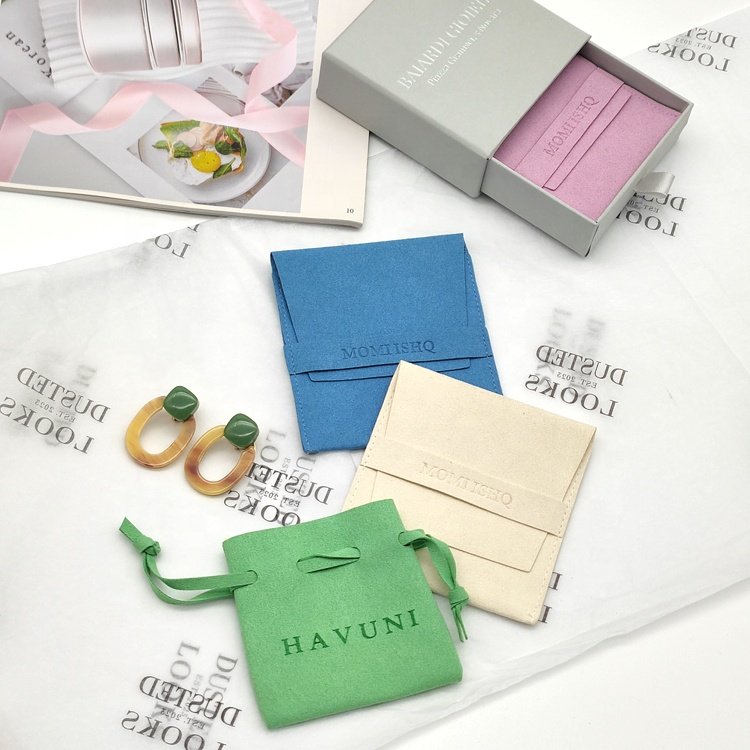 Custom Printed Microfiber Gift Necklace Jewelry Fabric Bag Suede Pouch with Matchable Printed Paper Earring Card Insert