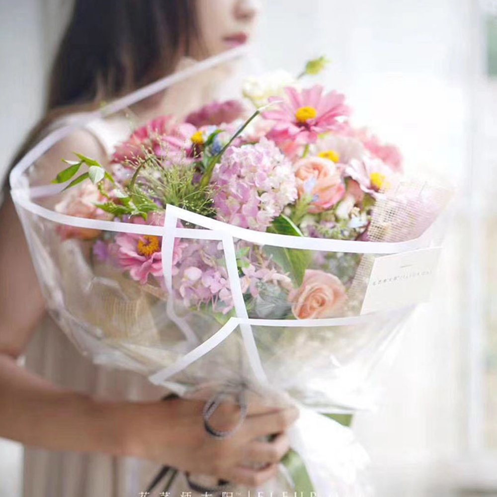 Transparent Colored Border Fresh Flower Bouquet Packaging Paper Waterproof Flower Wrapping Material