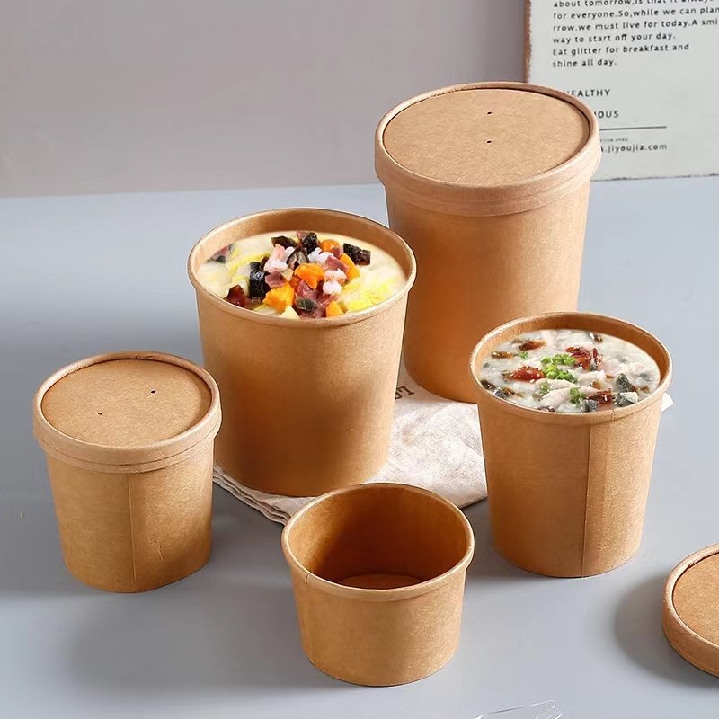 16oz 460ml Food Box Soup Disposable Takeaway Dessert Salad Lunch Kraft Paper Bowl with Cover and Spoon
