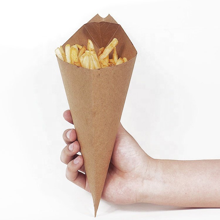 Wholesale custom food grade greaseproof cone shape french fries packaging kraft box with seasoning placement angle