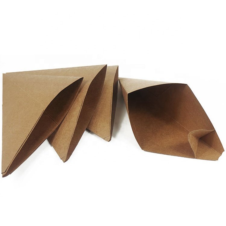 Wholesale custom food grade greaseproof cone shape french fries packaging kraft box with seasoning placement angle