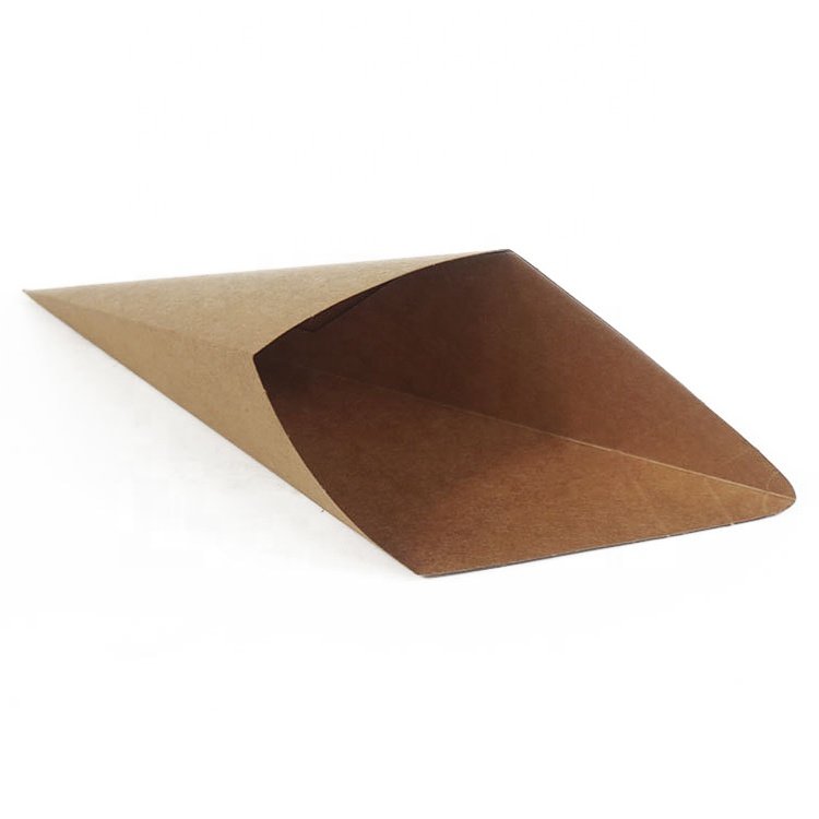 Wholesale custom food grade greaseproof cone shape french fries packaging kraft box with seasoning placement angle