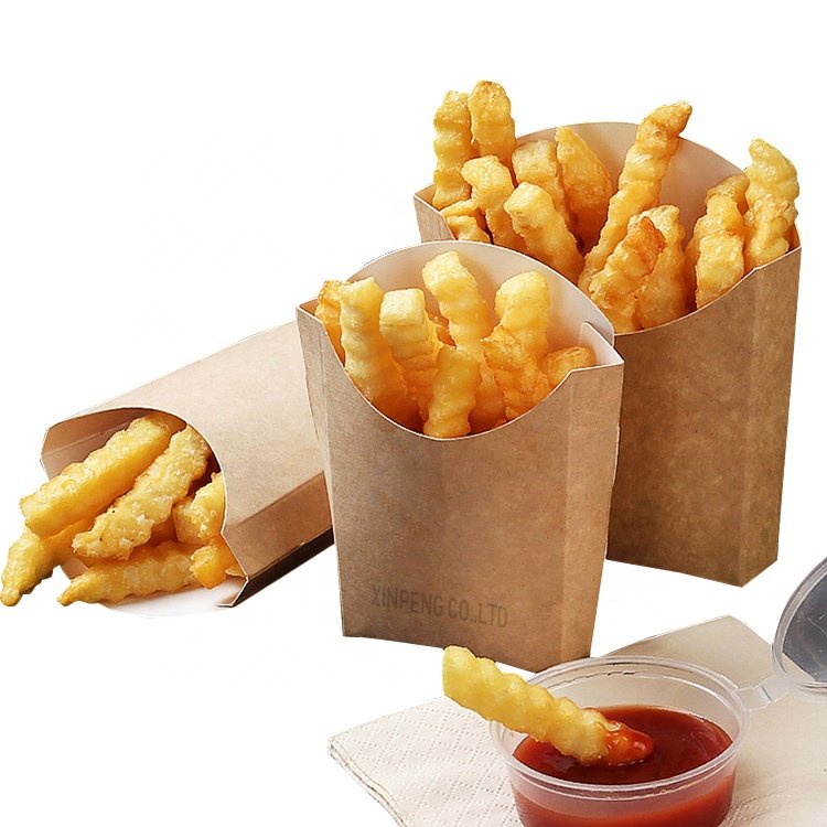 Wholesale custom food grade greaseproof cone shape french fries packaging kraft box with seasoning placement angle
