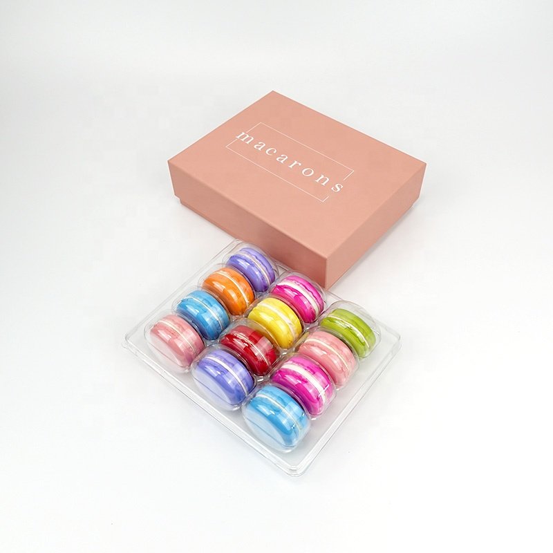 12 Macaron Chocolate Cookie Pink Gift Box Packaging Cardboard Paper with plastic insert clamshell
