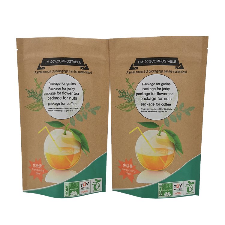 High Quality Custom Zip Lock Stand Up Pouch Plastic Packaging 100% Recycled Biodegradable Kraft Paper Bag
