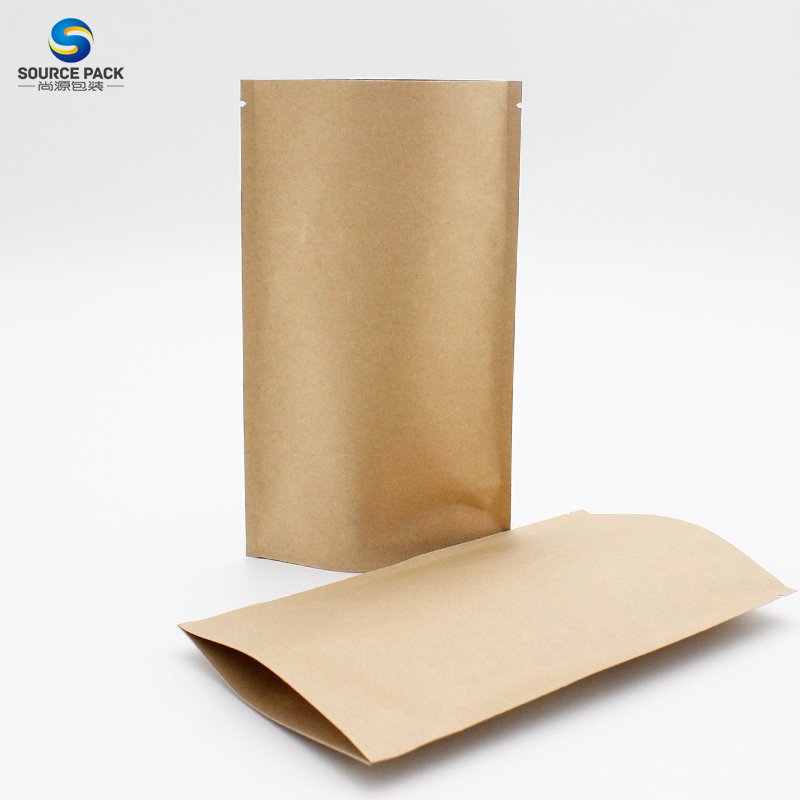 Wholesale Eco Friendly ziplock Biodegradable stock packaging stand up food kraft brown paper bag
