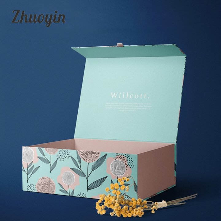 Rectangle Custom Logo Printing Foldable Magnetic Flip Flap Lid Rigid Hard Cardboard Mailing Package Paper Box With Ribbon Puller