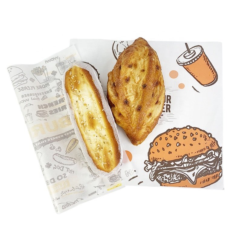 Custom Fast Food Hamburger Sandwich Packaging Paper Food Grade Eco Friendly Printing Logo Safe Non Toxic Wax Greaseproof Paper
