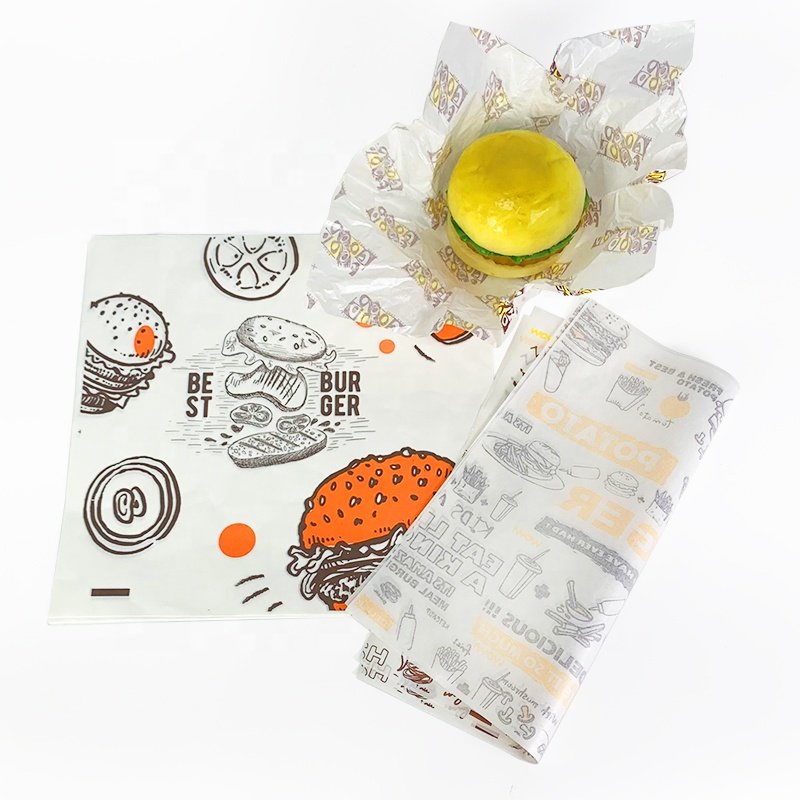 Custom Fast Food Hamburger Sandwich Packaging Paper Food Grade Eco Friendly Printing Logo Safe Non Toxic Wax Greaseproof Paper