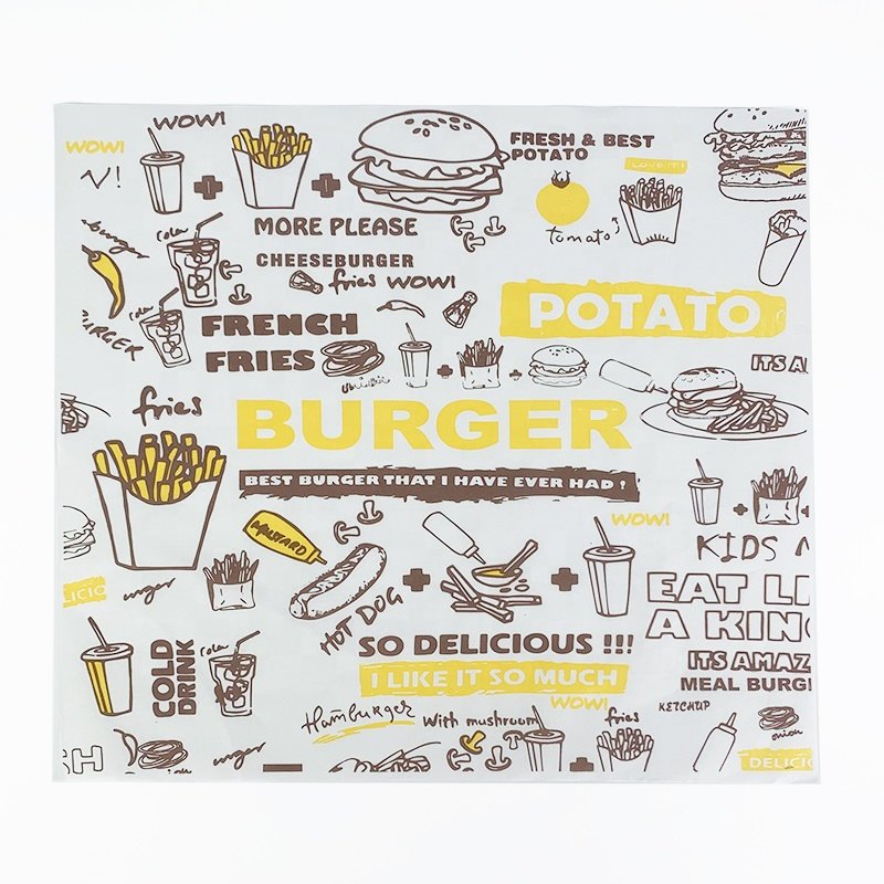 Custom Fast Food Hamburger Sandwich Packaging Paper Food Grade Eco Friendly Printing Logo Safe Non Toxic Wax Greaseproof Paper