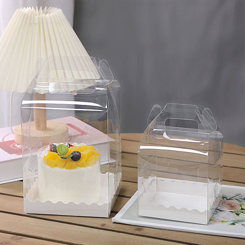 Wholesale cake puff food packaging biodegradable transparent tall cake boxes with plastic handle