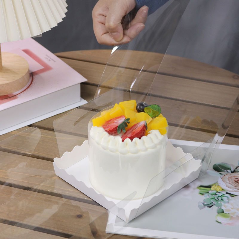 Wholesale cake puff food packaging biodegradable transparent tall cake boxes with plastic handle