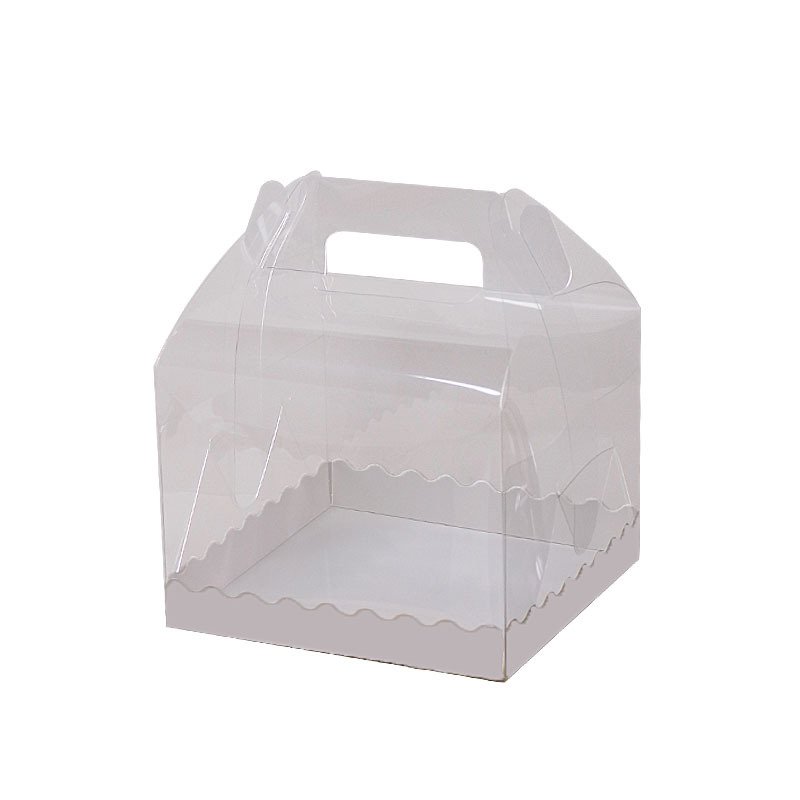 Wholesale cake puff food packaging biodegradable transparent tall cake boxes with plastic handle