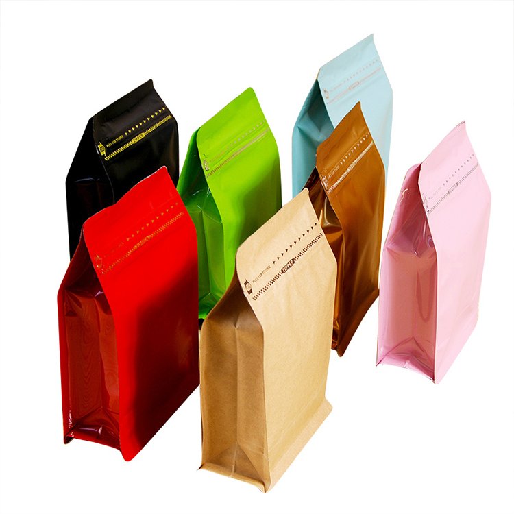 Food Packaging Laminated Flat Square Block Bottom Coffee Bags with Zipper*
