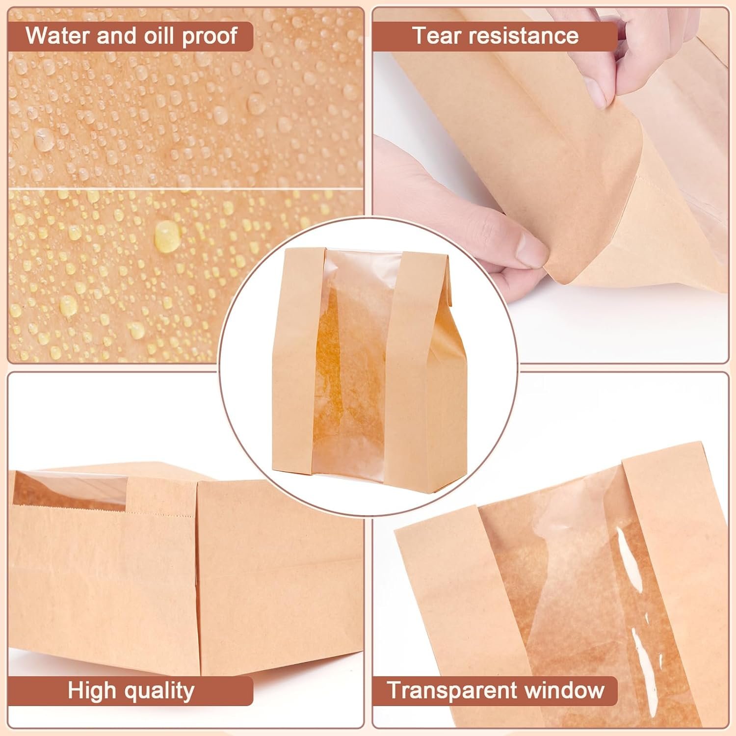 Custom Size French Loaf paper Kraft packaging Long Bread paper Bag With Window For Bakery Bread Cake