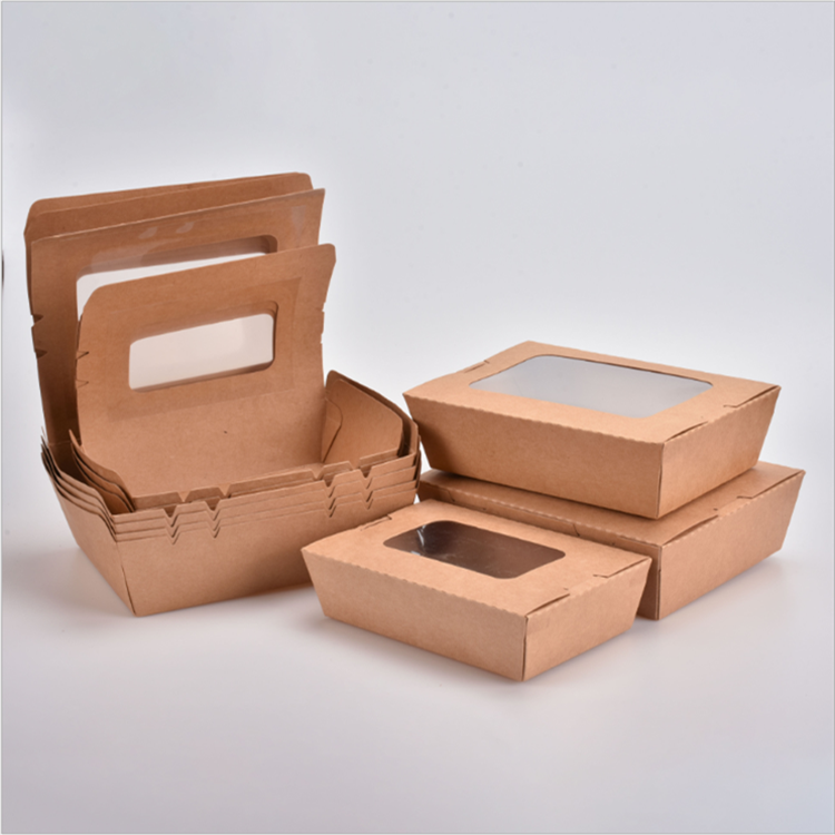 disposable white kraft printing paper borad packaging stand up lunch box with rectangle pvc window for salad