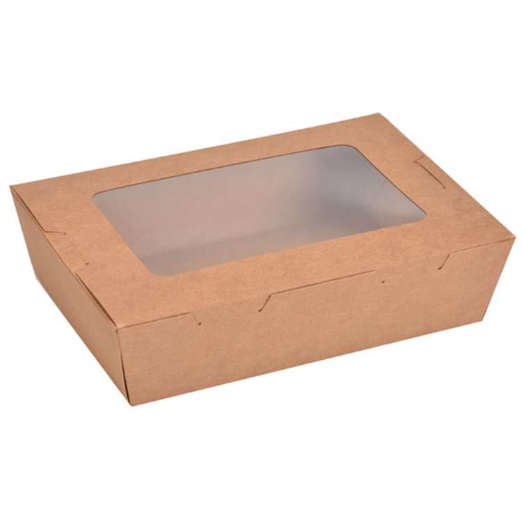 disposable white kraft printing paper borad packaging stand up lunch box with rectangle pvc window for salad