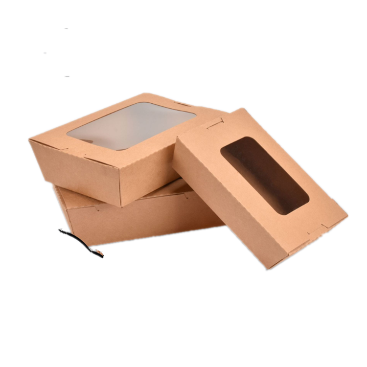 disposable white kraft printing paper borad packaging stand up lunch box with rectangle pvc window for salad
