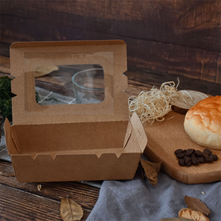 disposable white kraft printing paper borad packaging stand up lunch box with rectangle pvc window for salad