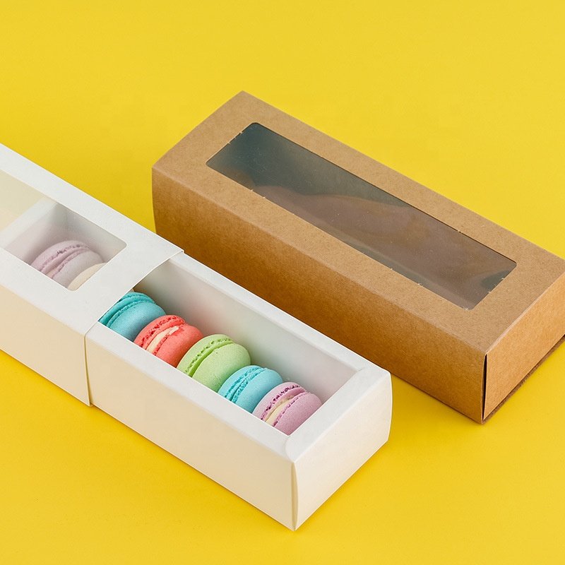 Custom Dessert Packaging Kraft Paper Box Low MOQ Macarons Folding Paper Box With PVC Window