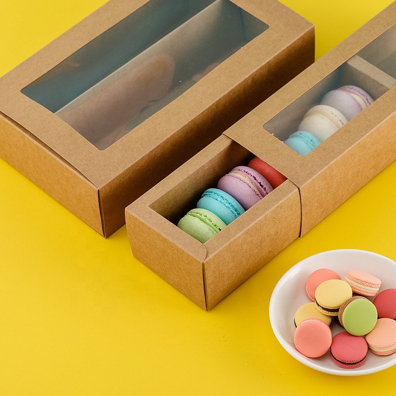 Custom Dessert Packaging Kraft Paper Box Low MOQ Macarons Folding Paper Box With PVC Window