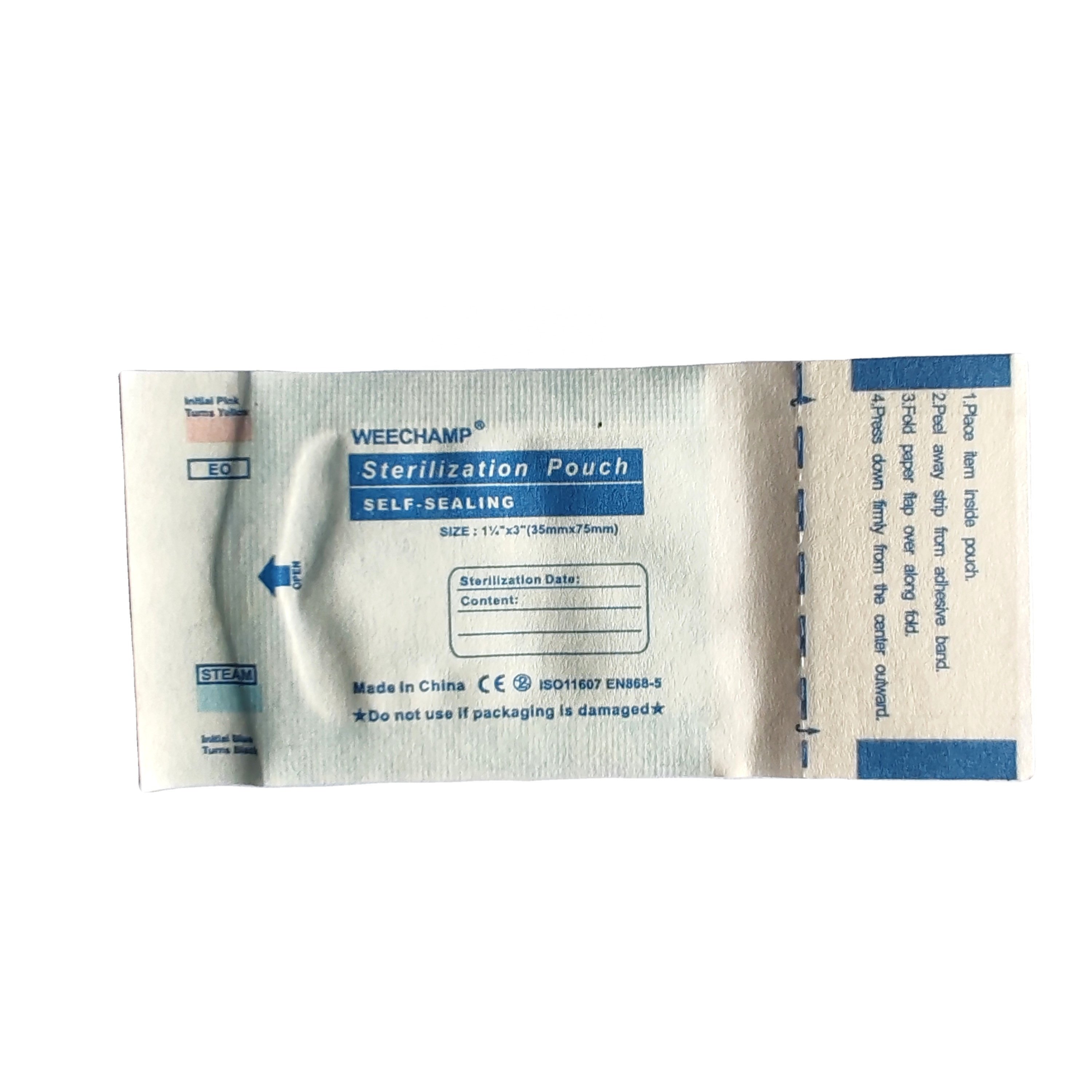 Factory direct sales autoclave steam and ethylene oxide sterilization pouch 35x75mm 1.4x3" self-sealing steam and EO gas bag