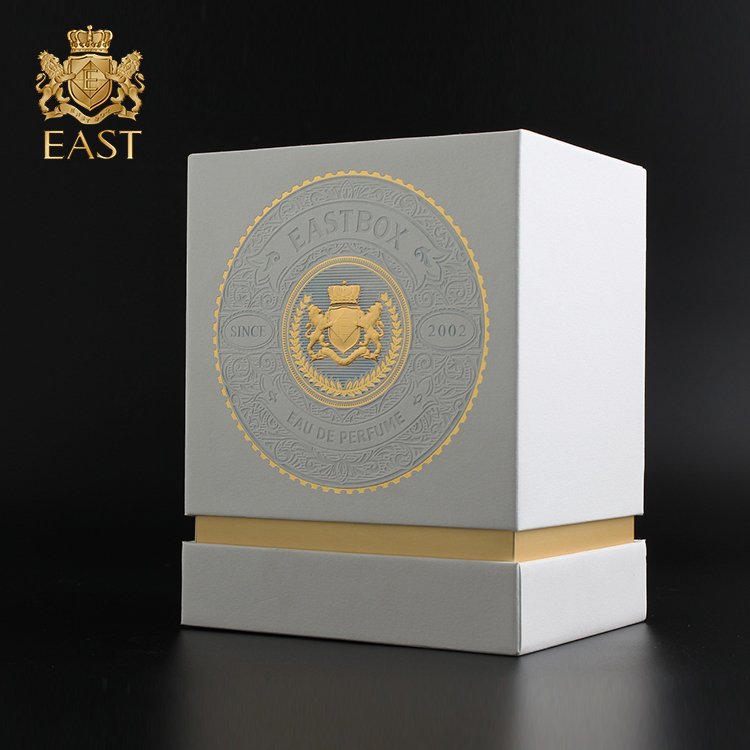 Eastbox Luxury Custom Golden Emboss Paper Rigid Box Lid And Tray White Color Perfume Box Packaging
