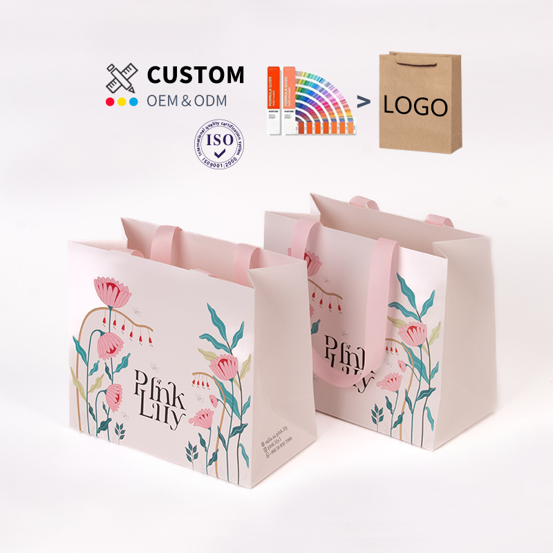 Luxury Boutique Perfumes Packaging Pink Wedding Small Jewelry Custom Gift Paper Bags With Ribbon Handles