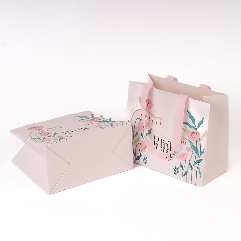 Luxury Boutique Perfumes Packaging Pink Wedding Small Jewelry Custom Gift Paper Bags With Ribbon Handles