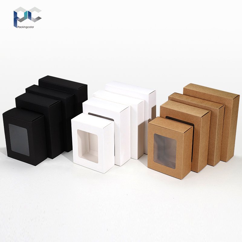 In stock kraft paper rectangular open window drawer box socks towels white folding packaging box gift box
