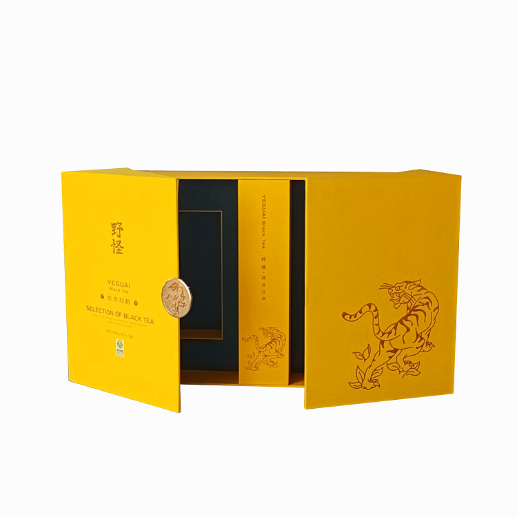 Customized printed double door premium rigid paper tea bottle box with velvet insert for luxury product packaging and festival