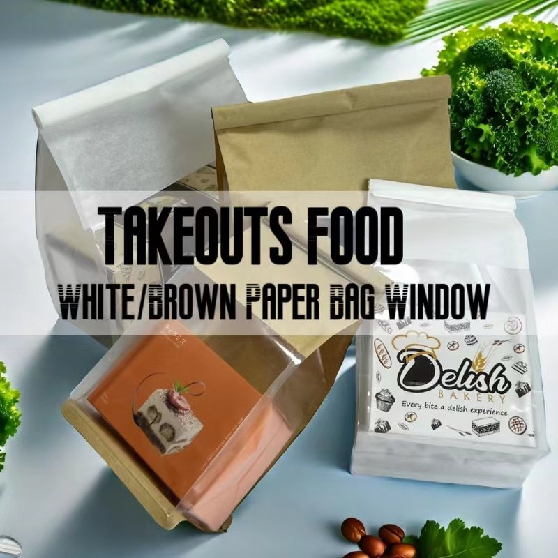 Custom Brown Kraft Paper Restaurant Food Packaging Paper Bag Window Tab Tin Ties Bag Printed Logo Takeouts Delivery Bag Drinks