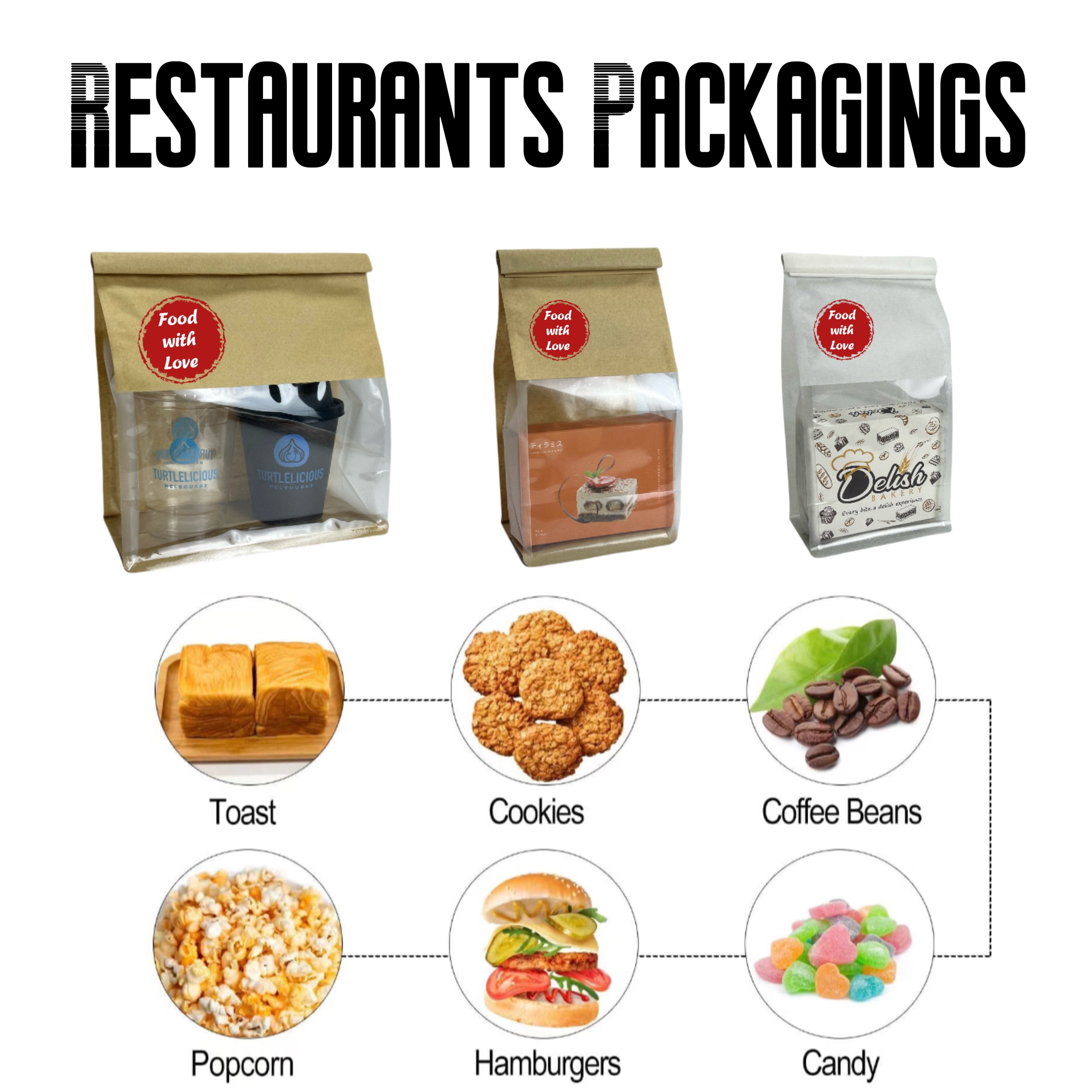 Custom Brown Kraft Paper Restaurant Food Packaging Paper Bag Window Tab Tin Ties Bag Printed Logo Takeouts Delivery Bag Drinks