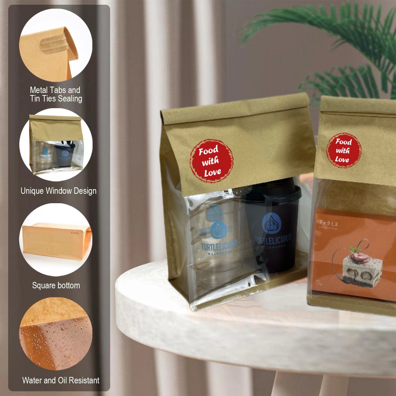 Custom Brown Kraft Paper Restaurant Food Packaging Paper Bag Window Tab Tin Ties Bag Printed Logo Takeouts Delivery Bag Drinks