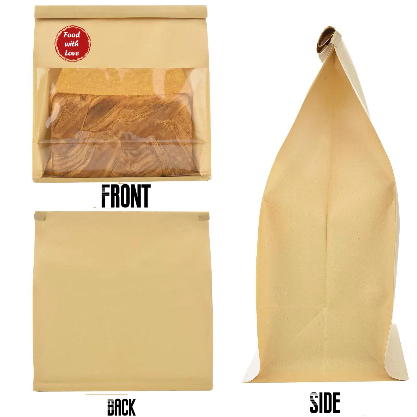 Custom Brown Kraft Paper Restaurant Food Packaging Paper Bag Window Tab Tin Ties Bag Printed Logo Takeouts Delivery Bag Drinks