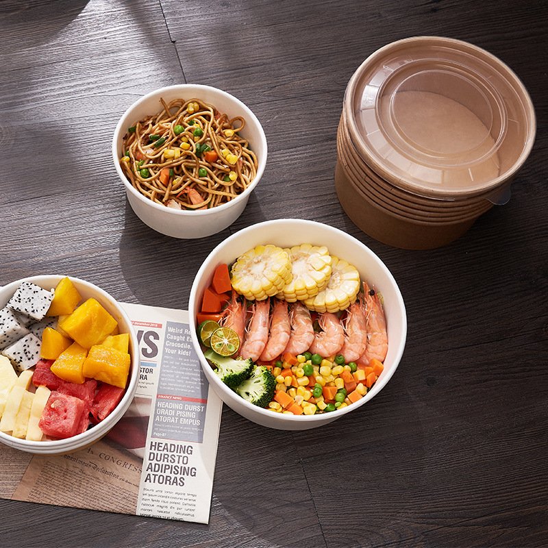 Wholesale Eco Friendly Custom Disposable Food Packing Containers Round Salad Kraft Paper Bowl with Lid