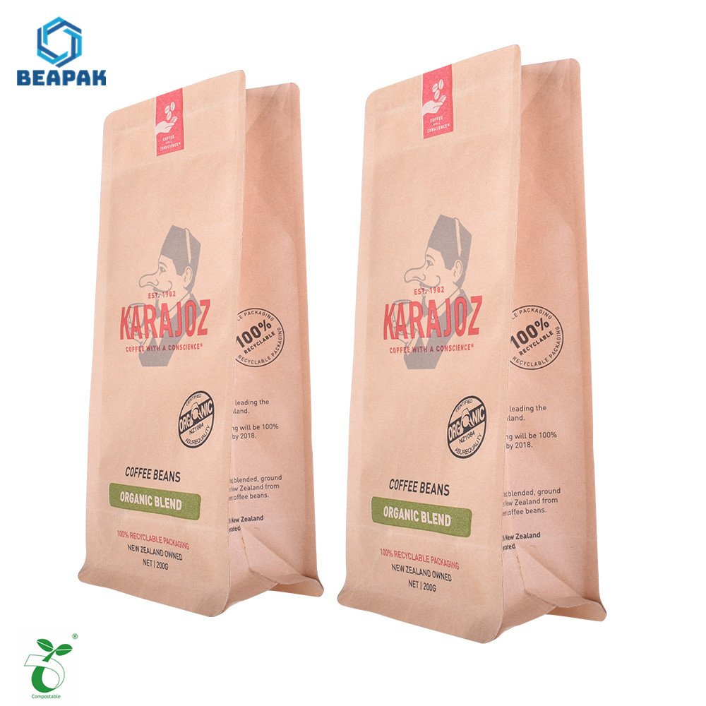 Eco kraft paper zipper side gusset coffee pouch Biodegradable side gusset food packaging bag