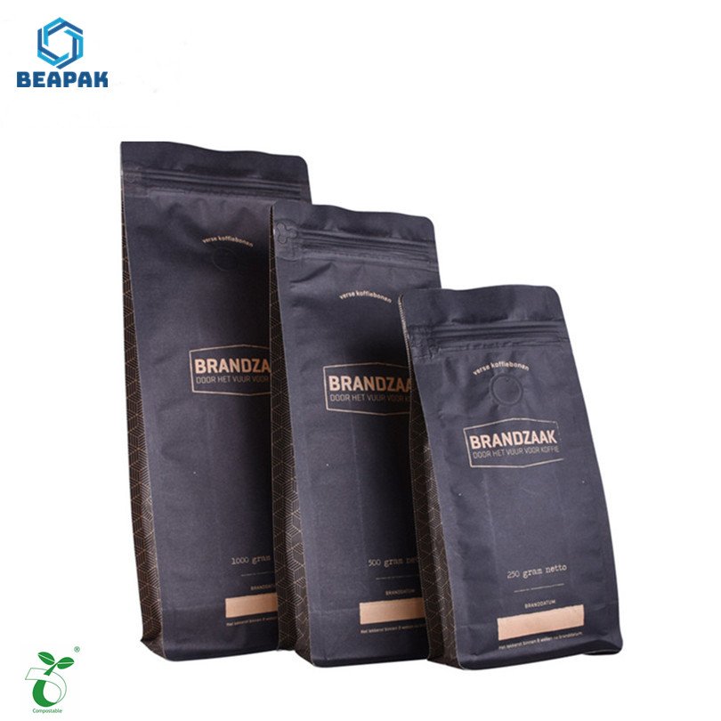 Eco kraft paper zipper side gusset coffee pouch Biodegradable side gusset food packaging bag