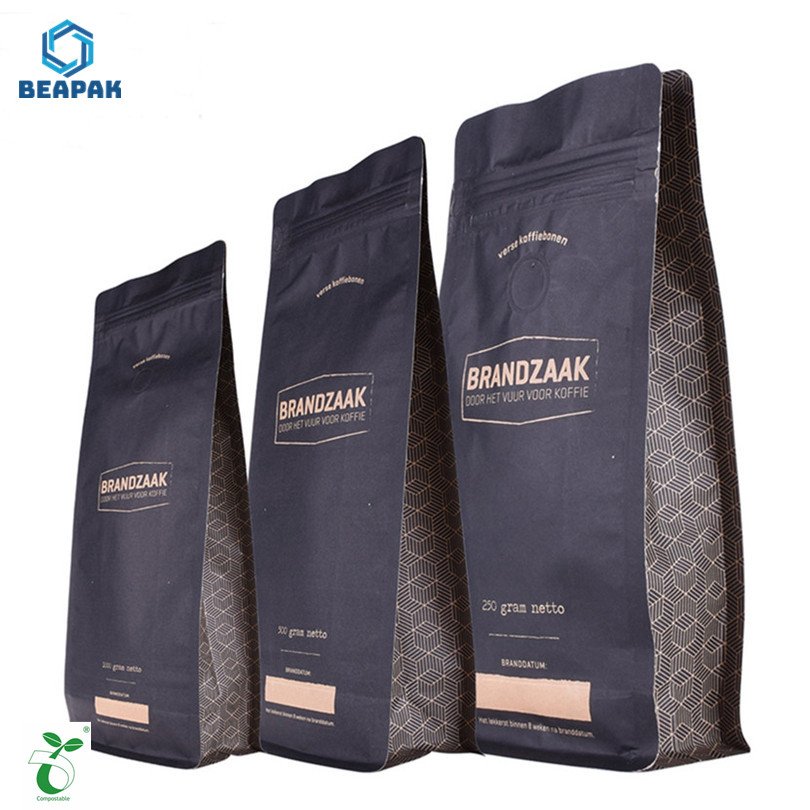 Eco kraft paper zipper side gusset coffee pouch Biodegradable side gusset food packaging bag