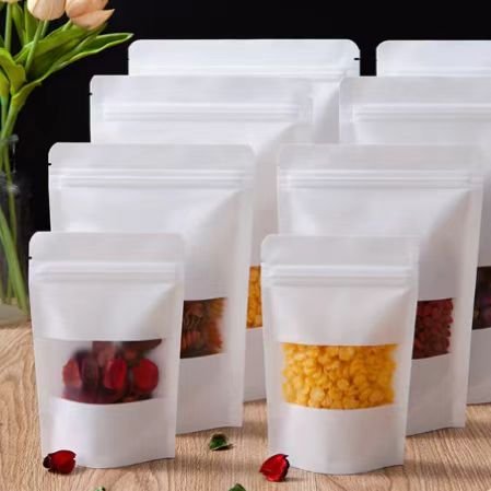 Custom Stand Up Zipper White/Brown Kraft Paper Resealable Ziplock Tea Dry Food Packaging Pouches Bag With Clear Window