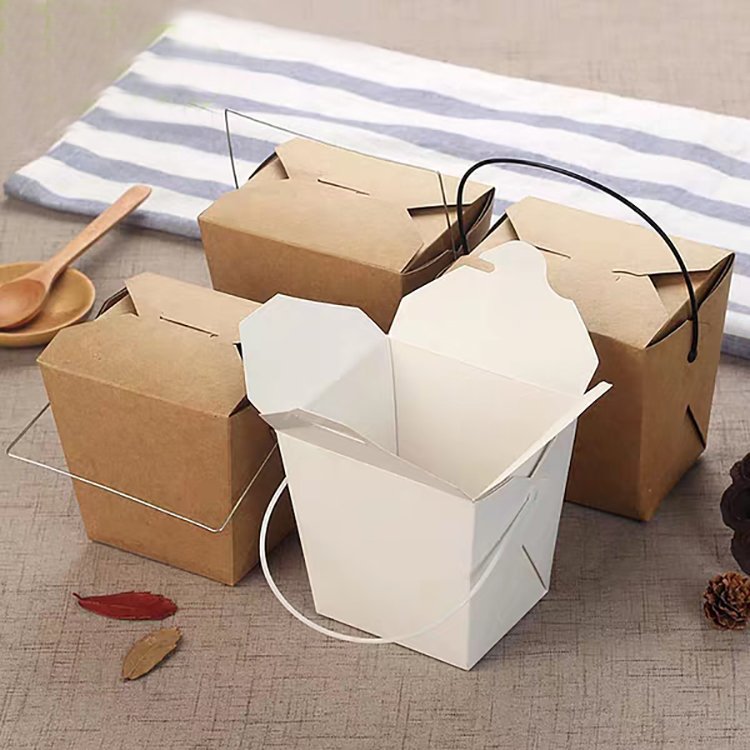 780 ml portable paper box with plastic handle unfold packaging paper lunch box