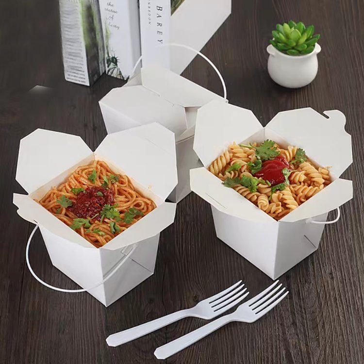 780 ml portable paper box with plastic handle unfold packaging paper lunch box