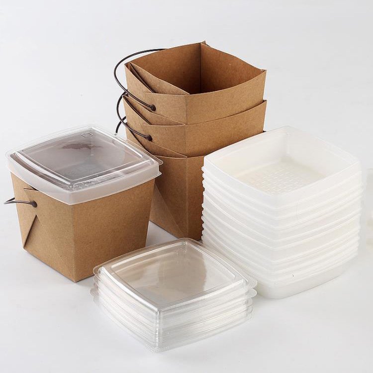 780 ml portable paper box with plastic handle unfold packaging paper lunch box
