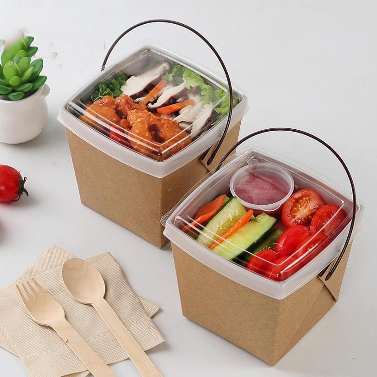 780 ml portable paper box with plastic handle unfold packaging paper lunch box