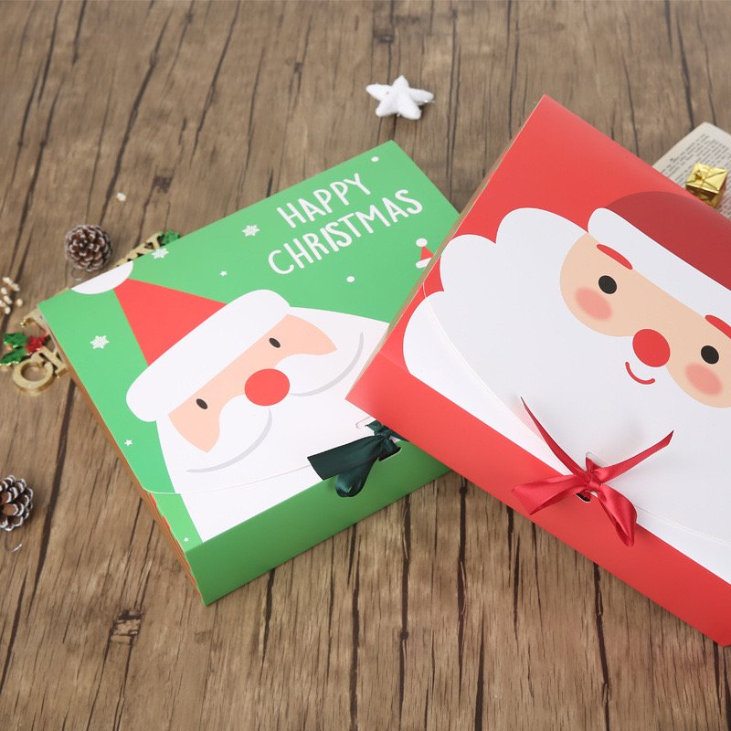 Christmas Candy Cookie Treat Box with Ribbon Bow Cartoon Santa Gift Paper Case